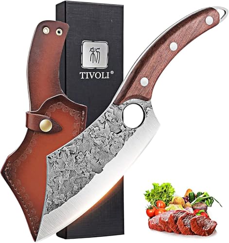 Image of TIVOLI Meat Cleaver Knife, Hand Forged Full Tang Butcher knife for Meat Cutting, High Carbon Steel Viking Knife with Sheath for Kitchen Outdoor Camping BBQ Father's Day Christmas Gift Men Women