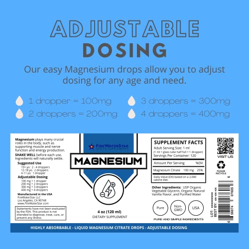 FWS Magnesium Citrate Liquid Drops - 4oz - Supports Sleep, Calm, Energy, Muscles, Nerves - Pure Magnesium Citrate Supplement - Organic, Non-GMO, Vegan - Easy Dosing, 120 Servings - Adults, Teens, Kids