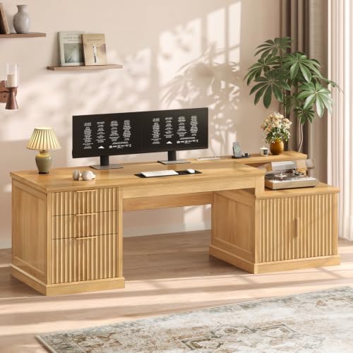 Image of SEDETA 70.9 inch Executive Desk, Fluted Office Desk with Drawers, Fluted Oak
