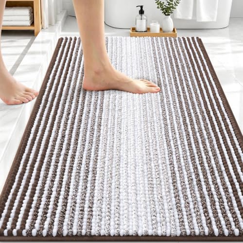 Image of OLANLY Bathroom Rugs 34x21, Soft Chenille Striped Bath Rugs, Brown