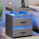 Grey Night Stand with Charging Station: All in One Nightstand with Drawers Bedside Table with LED Light & Human Sensor Design Modern End Table for Bedroom Office2