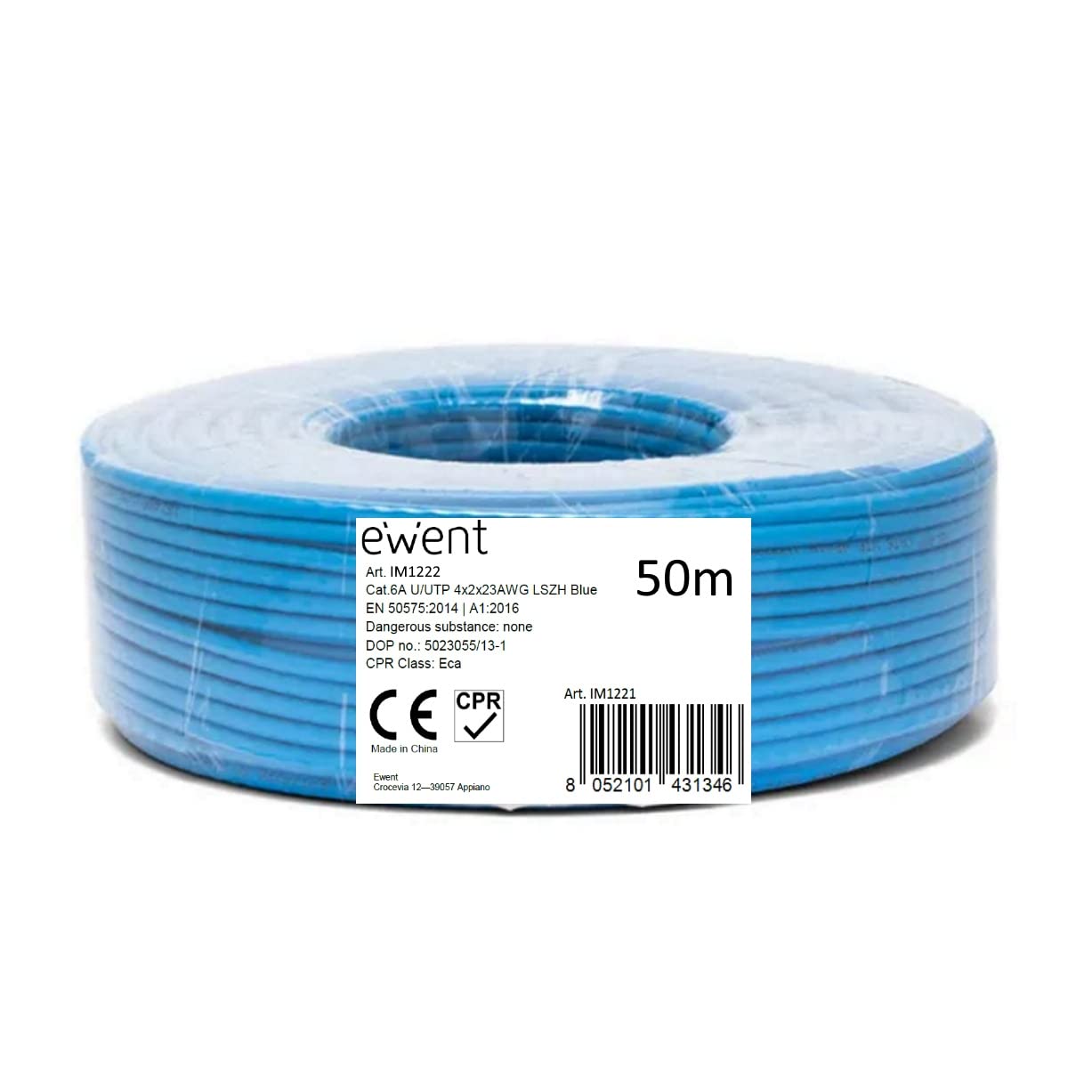 Ewent IM1222 50m Bobina Cable de Red Ethernet CAT.6|LSZH|U-UTP|AWG23/1|CU Cobre sólido puro|CPR, Classe Eca|10GBit Ethernet|500 MHz| ideal para PC, Router, Modem, Switch, TV, PS5, Xbox, AZUL 50 Metros