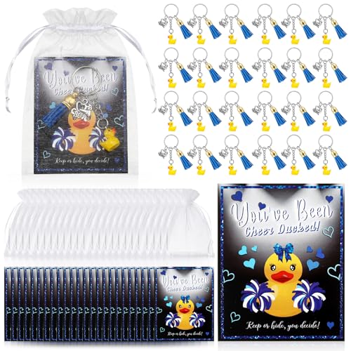 VercanMonth 24 Set Cheer Gifts 24 Duck Keychain 24 You've Been Cheer Ducked Cards with Bags for Cheerleader Competition Team(Blue)