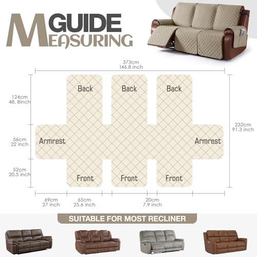 Image of KinCam Waterproof Recliner Sofa Cover, Non-Slip Reclining Couch Covers for 3 Seat, Recliner Couch Cover Furniture Protector with Elastic Straps for Pets, Kids, Khaki