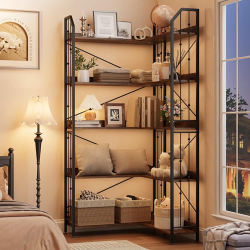 GarveeHome 182cm Eck Bücherregal, l-Förmiges 5-Stöckiges Industrieller Bücherregal Mit Perlenverzierung, Großes Regal Mit Kippschutz Für Wohnzimmer Und Schlafzimmer, Vintage-Farbe