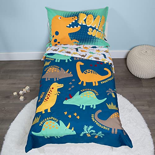 Image of Baby Boom Funhouse Dinosaur Roarsome 4 Piece Toddler Bedding Set - Includes Comforter, Sheet Set- Fitted + Top Sheet + Reversible Pillowcase for Boys Bed, Blue