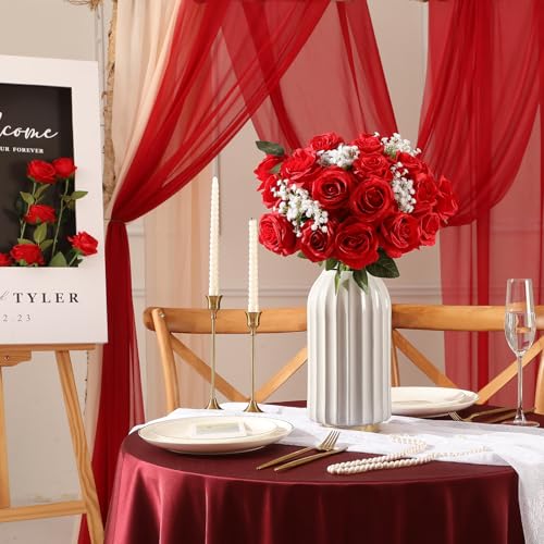 Image of Tifuly 12PCS Rose Artificial Flower, Single Stem Fake Floral Bridal Wedding Bouquet, Realistic Blossom Flora for Home Garden Party Hotel Office Decorations (Red)