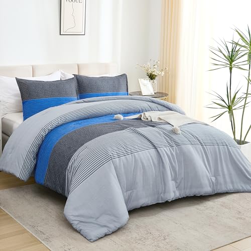 Litanika Comforter Set Oversized King 120x98 Grey Blue - 3 Pieces Lightweight Grey Blue Colorblock Stripe Fluffy Bedding Comforter Sets, All Season Bed Set