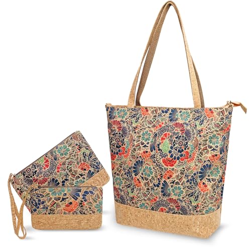 boshiho Kork Groß Schultertaschen Damen - Handtasche & Umhängetasche mit 2 Kosmetiktasche, für Schule Büro Arbeit Reisen Ausflug Einkauf Mutter Freundin als Geschenk