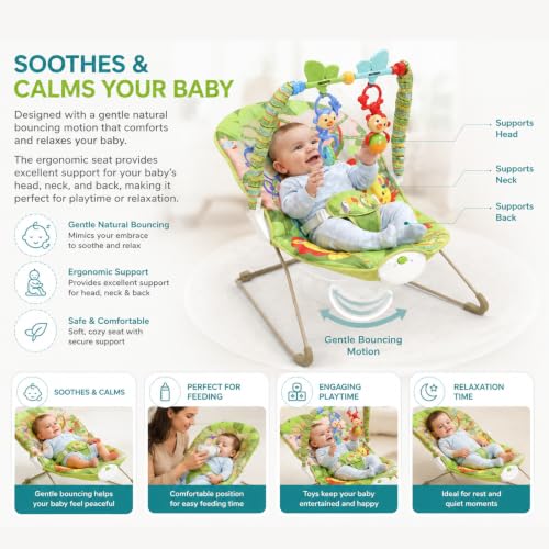 Image of Safe-O-Kid Sonora Baby Bouncer with 1 Year Warranty, Multi-Position Reclining with Vibrations, Safety Harness and Toy Bar- Green