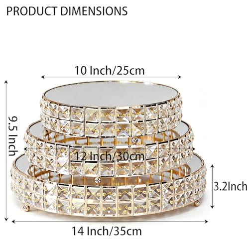 Set of 3 Gold Crystal Mirror Cake Stands, 14"/12"/10" Round Decorative Trays with Replacement Crystals & Mirror Glass, for Wedding Dessert Table, Vanity Perfume Organizer, Home & Party Display by FEICTPOX - Used condition - Image 4
