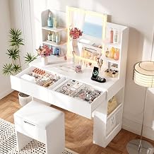 YESHOMY 35.4" Vanity Desk with LED Mirror and Lights,Makeup Vanity Set with 2 Storage Drawers, 2 Side Shelves, 1 Storage Bench and Open Storage Shelves, 3 Color Modes, for Bedroom, Classic White