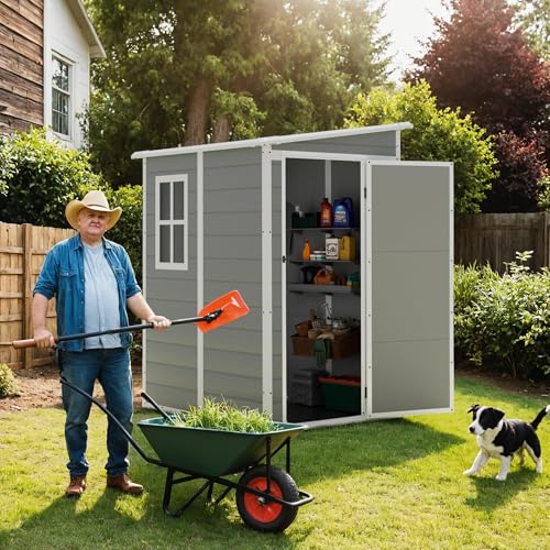 Image of Greesum 5x4FT Plastic Outdoor Storage Shed, Resin Shed with Floor and Window, Tool Sheds with Lockable Door and Vent, for Garden, Garage, Lawn, Backyard, Light Gray