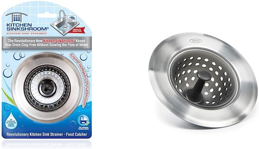Kitchen SinkShroom Revolutionary Clog-Free Stainless Steel Sink Strainer, Chrome Gray & OXO Good Grips Silicone Sink Strainer, Black