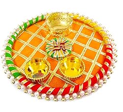 Avanti Creations Wooden Handcrafted Pooja Thali with Kumkum Holder Decorative Rakhi Thali|Engagement Thali|Rakshabandhan Thali|Tilak Thali Aarti Thali |Wedding Return Favour Items