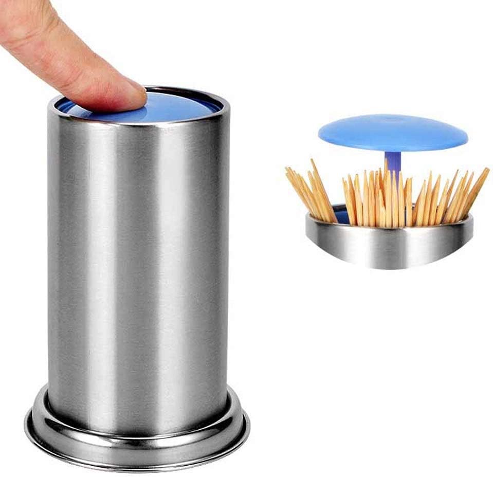 Stainless Steel Toothpick Holder Secret Stash Cure Dent Toothpick Dispenser Automatic Cotton Swab Organizer Decoration(Blue)
