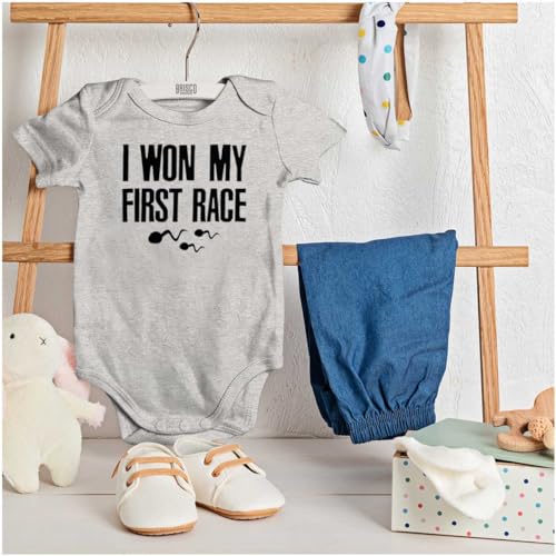Brisco Brands Funny I Won My First Race Joke Baby Romper Boys or Girls3