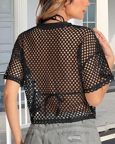 Image of Women's Mesh Top Fishnet T Shirts Sheer Loose Short Sleeve See Through Crop Tops