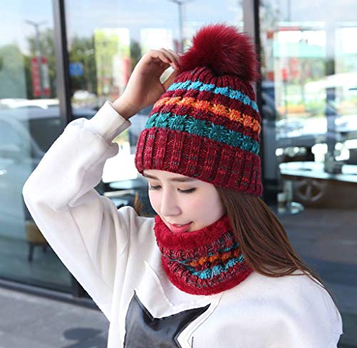 Home Prefer Womens Skull Beanie Cable Knit Girls Pom Winter Hat Beanie Snug Neck Scarf Wine Red #TOP2