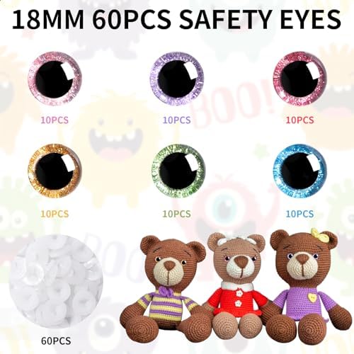 MUCUNNIA 120pcs 18mm Safety Eyes for Crochet Toys with Washers Glitter Safety Eyes for Amigurumi Crocheting Crochet Eyes Craft Doll Eyes for Soft Toy Teddy Bear and Plush Animal(6 Colors)