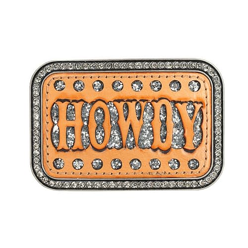 Blazin Roxx Women's 'Howdy' Tan Leather Overlay Western Buckle with Silver Glitter and Crystal-Embellished Edge (2-1/2