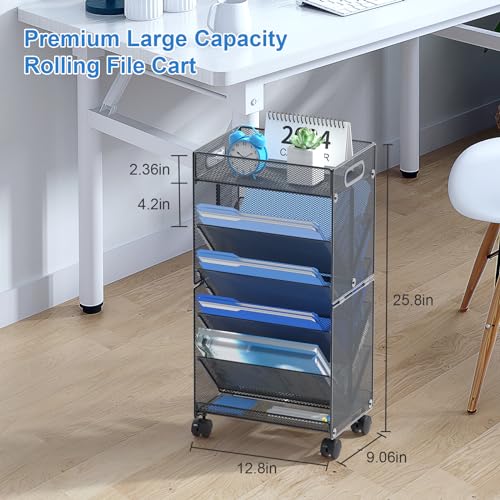 OUTWOLF 10 Tier Rolling File Cart, Beside/Under Desk File Organizer Carts with Wheels, Paper Letter Trays Storage Cart for Office Classroom Homeschool Organization - Thumbnail 3