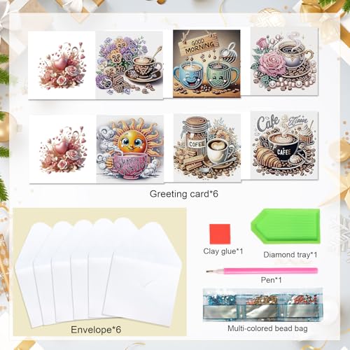 Image of AiYuanzsh 6 Packs Diamond Art Painting Greeting Card Kits with Laser Effect Special Shaped Diamond Art Greeting Cards Arts Crafts for Christmas Birthday Thanksgiving Day Holiday (Coffee, 30x15cm)