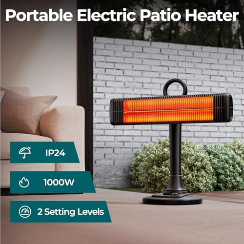 Outdoor Electric Patio Heater, Waterproof & Overheat Protection, Portable Infrared Heater with 500W/ 1000W Adjustment, 1s Heating Carbon Fiber Tube Heater for Backyard, Garage, Black-2