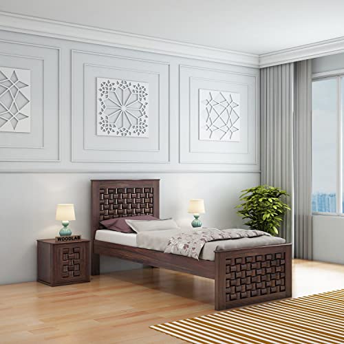 Image of WOODLAB Furniture Sheesham Wood Single Size Bed Without Storage and with Niwar Style Headboard | Wooden Single Cot Bed Palang for Home Living Room Bedroom and Hotel (Walnut Finish)