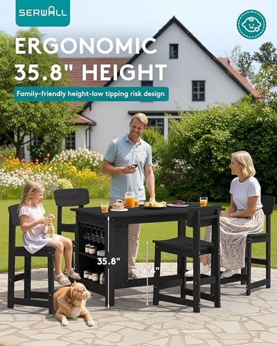 SERWALL Outdoor Bar Table and Chairs Set, 5-Piece HDPE Counter Height Patio Dining Sets with Storage and Wine Rack, Rectangular High Top Bar Table with 4 Bar Stools for Garden, Backyard, Black - Image 4