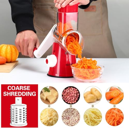 Image of Rotary Cheese Grater Shredder Chopper Round Tumbling Box Mandoline Slicer Nut Grinder for Vegetable, Hash Brown, Potato with 3 Sharp Drums Blades and Strong Suction Base by Valuetool