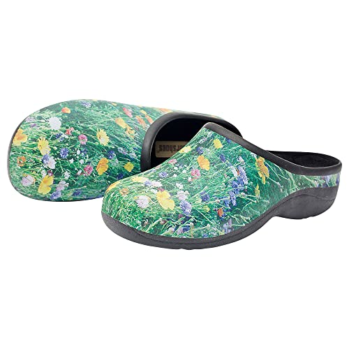 Backdoorshoes Waterproof Premium Garden Clogs For Women With Arch Support, Practical Slip On Outdoor Garden Shoes, Meadow Design, Us 7 #TOP2