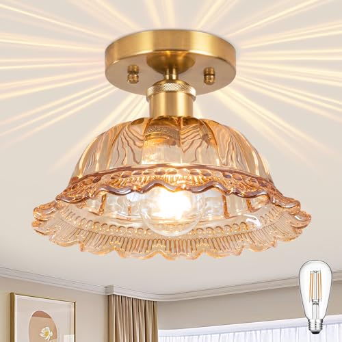 Image of Semi Flush Mount Ceiling Light, Vintage Ceiling Light 11 inch, Amber Shade Glass Hallway Light Fixture for Kitchen Porch Bedroom,Bulb Included