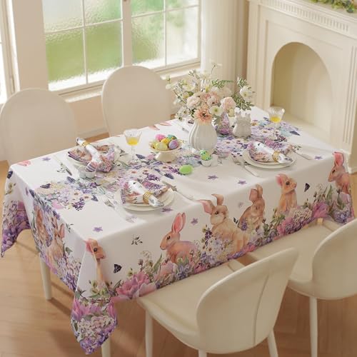 SASTYBALE Easter Tablecloth Rectangle, Floral Polyester Table Cloth Spill Proof Wrinkle Resistant Lavender Table Cover for Kitchen Dining Tabletop(Rectangle/Oblong, 52" x 70" (4-6 Seats)
