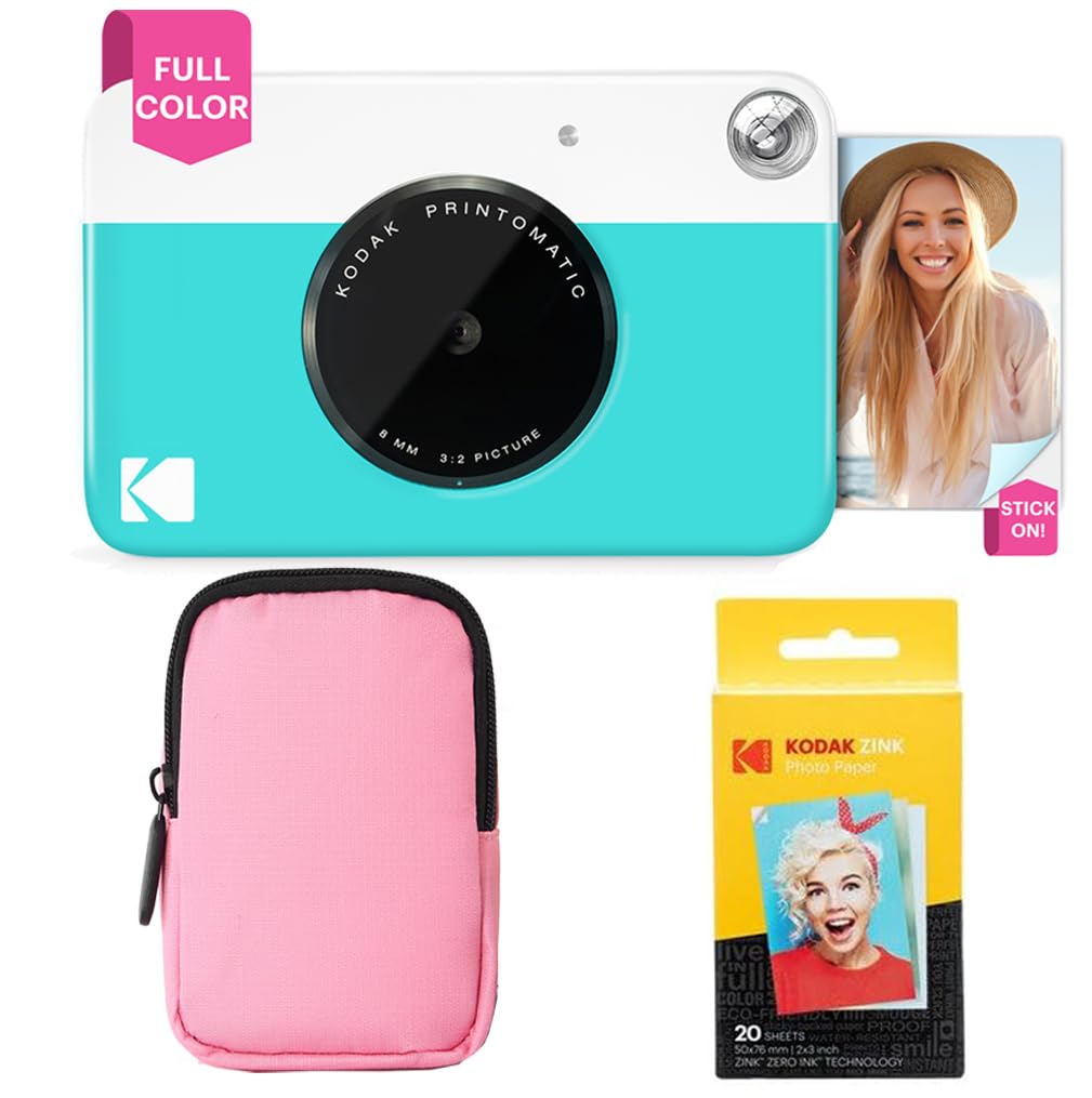 KODAK Printomatic Paquete básico de cámara con impresión instantánea a Todo Color + Estuche Blando + Paquete de 20 Papeles fotográficos Zink - Fotos Coloridas en Papel Adhesivo de 2 x 3 - Azul