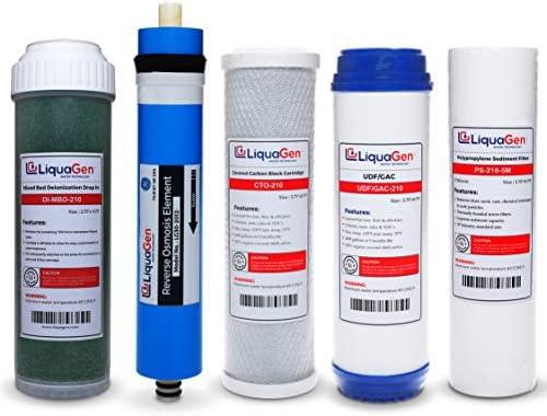 LiquaGen - 5 Stage Aquarium Reef Reverse Osmosis (RO/DI) Water Filter Replacement Kit (DI Resin on The Side) (100 GPD) | for 0 TDS Water