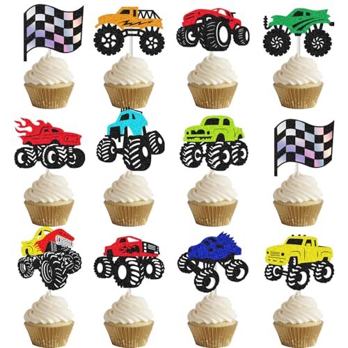 Truck Car Cupcake Toppers Truck Car Birthday Cake Decorations Glitter 28PCS Truck Party Cupcake Picks Truck Themed Birthday Party Supplies for Car Theme Baby Shower Supplies