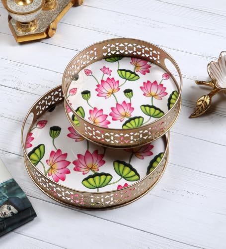 Two Moustaches Lotus Flowers Design Serving Trays Set (8 Inches & 10 Inches), Serving Plates for Home, Platters for Tea/Coffee/Fruits/Snacks, Decorative Pichwai Tray, Multicolored, (Pack of 2)