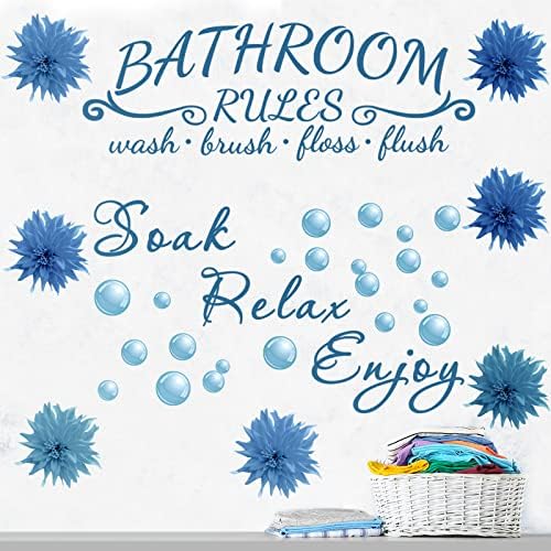 2 Pieces Bathroom Wall Decals Sticker Soak Relax Enjoy Bathroom Rules Wall Sticker Vinyl Quote Wall Art Decor for Home Bathroom (Flower Style, Blue)