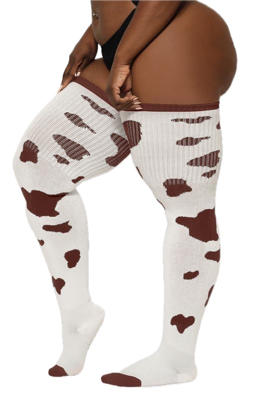 Image of Thunda Thighs Plus Size Thigh High Socks, Over the Knee High Boot Stockings Leg Warmers, Extra Long & Thick Socks Cow Print White & Brown