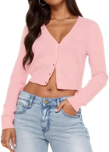 LEEDYA Women's Long Sleeve Cardigans Open Front Knit Cropped Sweaters