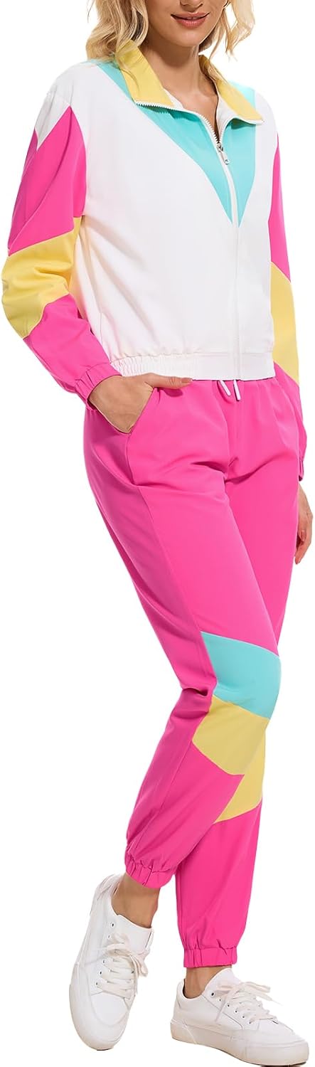 ZDT Women's Color Block 80s 90s Outfit 2 Piece Costume Zip Up Windbreaker Track Suits Set New - Image 2
