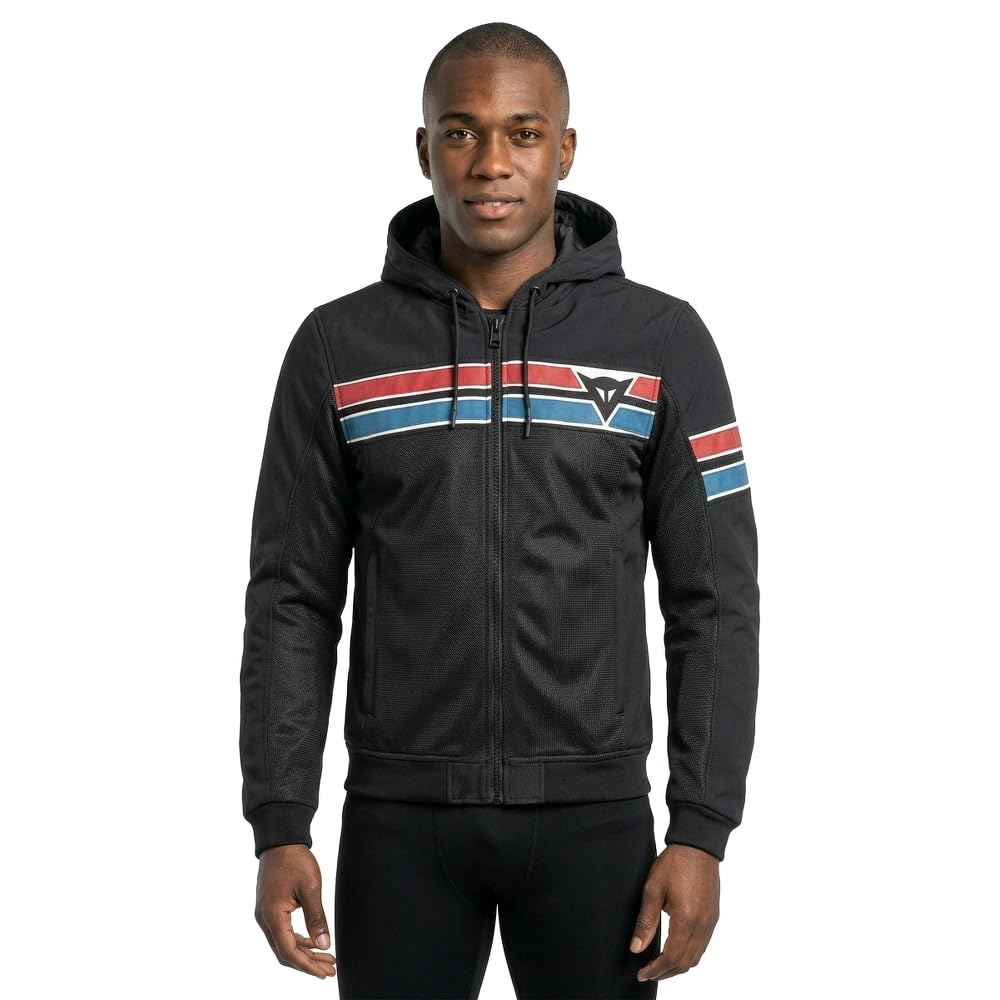 DAINESE Vintedge Air Tex Jacket, Giacca da Moto con Cappuccio, Nero con Strisce Rosse e Blu (IT, Numero, 48, Regular, Regular, Standard, BLACK/BLUE/RED)