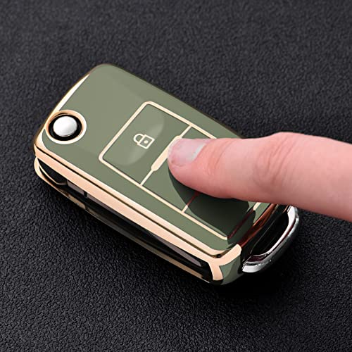 Car Key Cover for VW Golf 3 Key Box/Key Case Cover for VW Polo Passat, Skoda, Seat, 3 Buttons (Green, Golden Edge) - Image 2