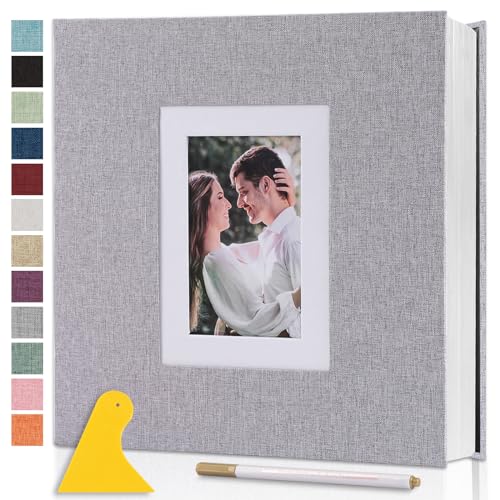 Album Fotos Autoadhesivo 33x32 CM Grande Album de Fotos para Pegar y Escribir de Lino Scrapbook Personalizados Albunes para Fotos Photo Album Bebe Libro Firmas Boda Comunion, 60 Páginas Gris
