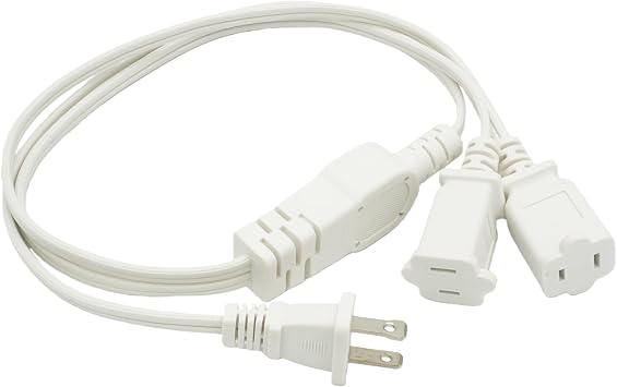 3FT 18AWG 2 Prong Power Extension Cord, White 1-to-2 Y Splitter Male to Female Outlet Saver Cord, 1250W 10A Indoor Power Cable for TV, Computer, Small Appliances