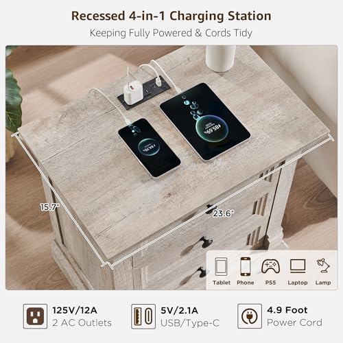 Image of Farmhouse 26 inchH Night Stand Set of 2, 23.6 inchW End Table with Charging Station