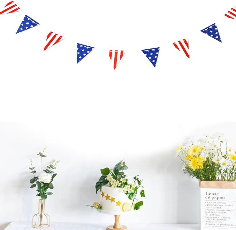 Miniatura 5 de Guirnalda de banderines de bandera de Estados Unidos con estrellas y rayas azules, blancas y rojas, banderines colgantes para el Día de la