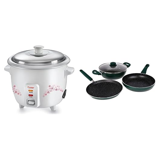 Prestige Delight PRWO 1.5 Electric Rice cooker with Steaming Feature (1.5 Liters, White) & Prestige Omega Deluxe Granite Induction Base 3 Pc Cookware Set, Moss Green
