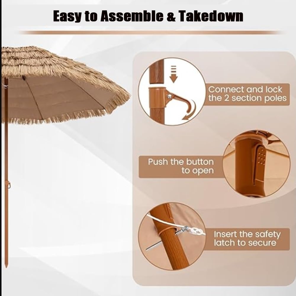 Parasole Hawaiano 240 300cm Ombrellone Da Spiaggia Inclinabile | Ombrellone Da Esterno Hawaiano 8 Costole Ombrellone Per Esterni, Piscina, Cortile